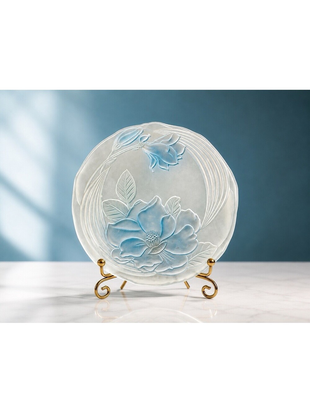 Walther Glas Germany 1980s Platter Blue Magnolia Frosted Iridescent Glass, 14.5”